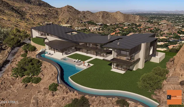 an aerial view of a house with a garden