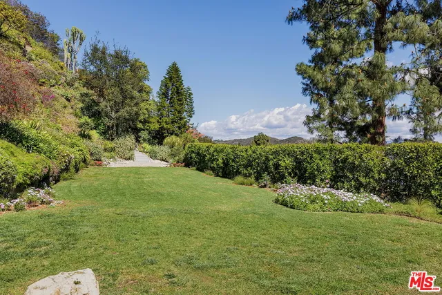 a view of a garden with a building in the background