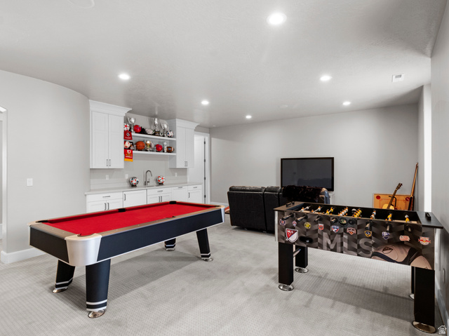 614 East High Lane Alpine, UT 84004 - Photo 67 of 75 Recreation room featuring light colored carpet, bar with sink, recessed lighting, and pool table