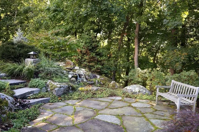 a view of a chair and table in the backyard
