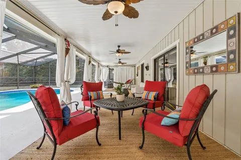 an outdoor space with seating space