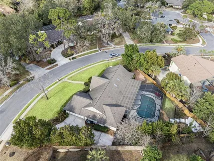 an aerial view of a house with swimming pool and large trees