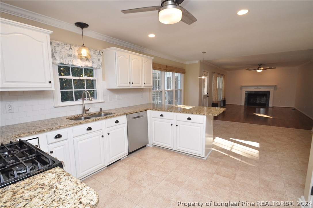 Undisclosed Address Cary, NC 27513 - Photo 14 of 50 a kitchen with granite countertop a stove a sink dishwasher and white cabinets with wooden floor