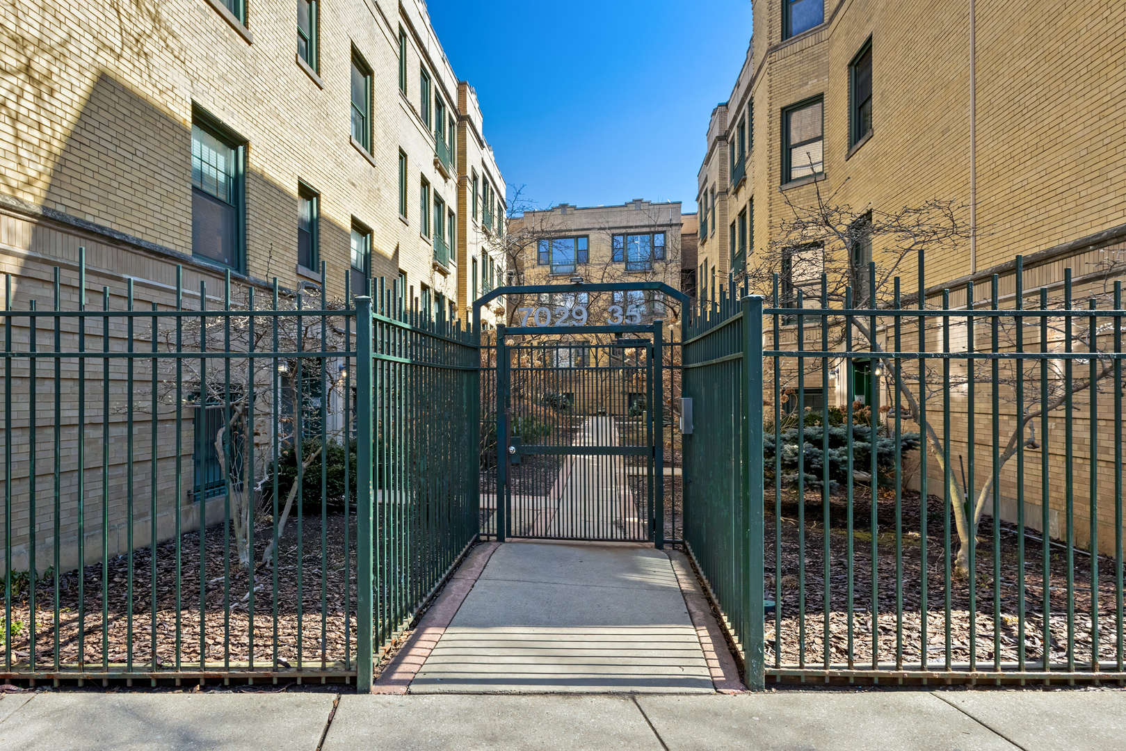 a view of a building with a glass door