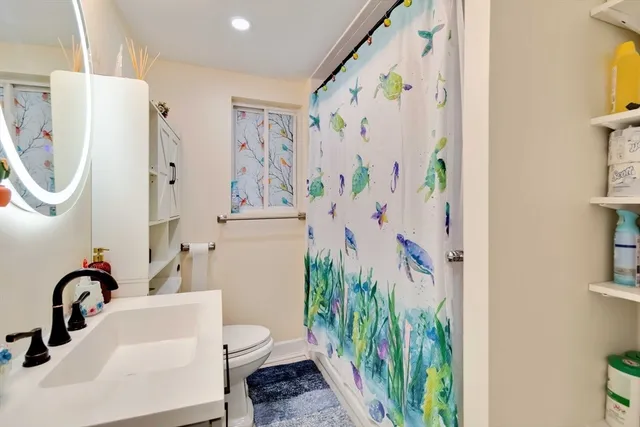 a bathroom with a sink a toilet and shower curtain