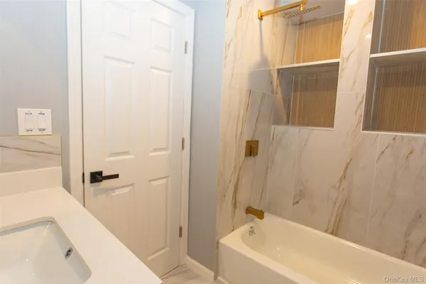 a bathroom with a bathtub and a shower