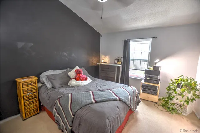 a bedroom with a bed and a couch