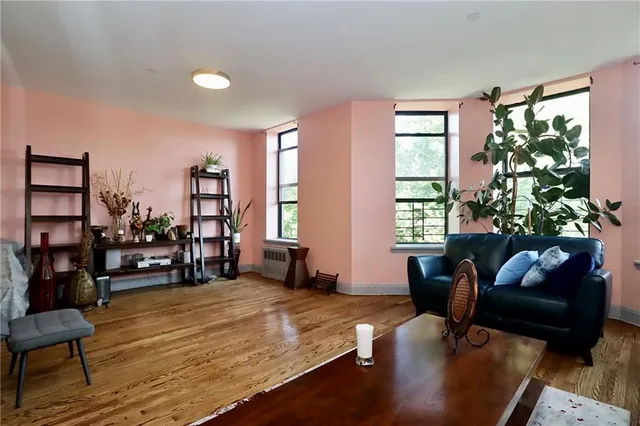 a living room with furniture and a potted plant
