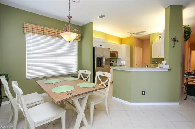 a view of a dining room with furniture and window