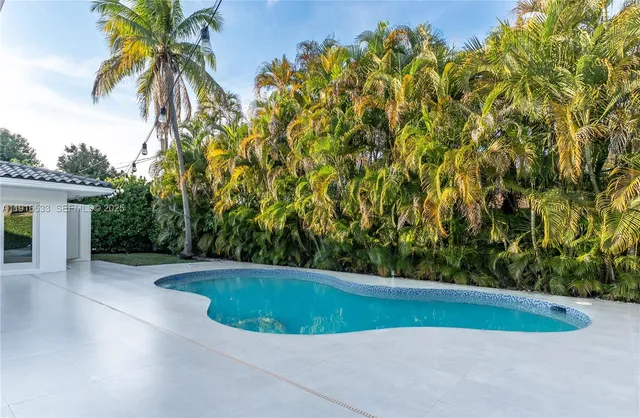 a view of a swimming pool with a yard