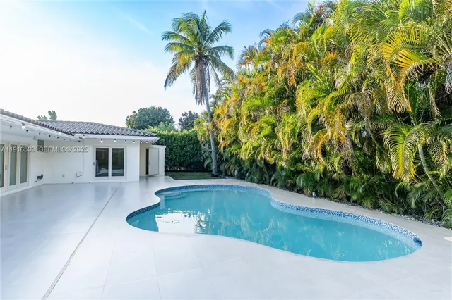 a view of a swimming pool with a yard