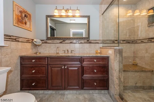 a bathroom with a granite countertop shower sink vanity and mirror
