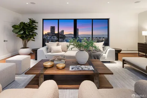 a living room with furniture potted plant and a large window