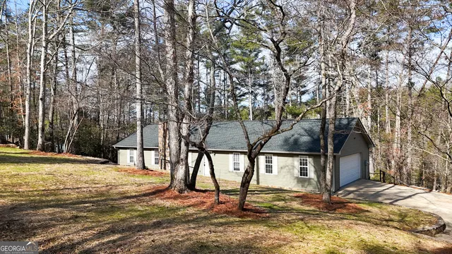 a backyard of a house with garage and trees