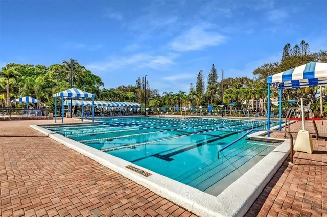 a view of a swimming pool and a yard