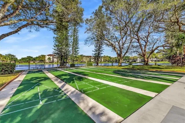 a view of a park with large trees