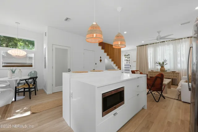 a kitchen with a stove a refrigerator and a dining table