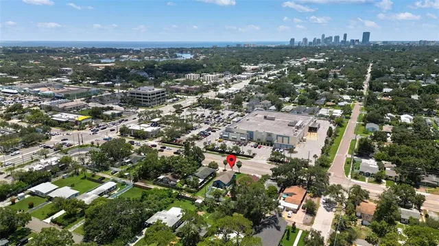 an aerial view of residential houses with city view