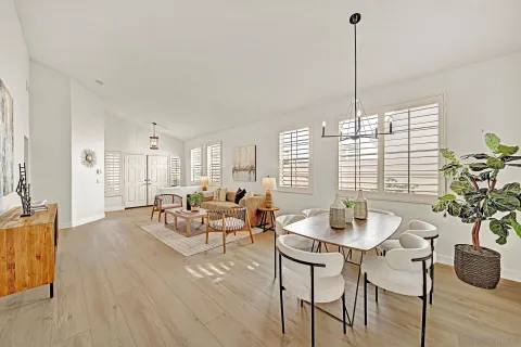 a living room with furniture and a potted plants