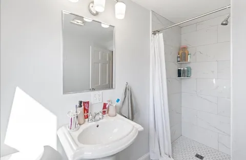 a bathroom with a sink a shower and a mirror