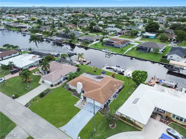 an aerial view of a house with garden