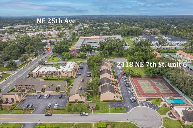an aerial view of a house with a garden