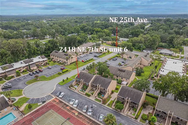 an aerial view of a house with a garden