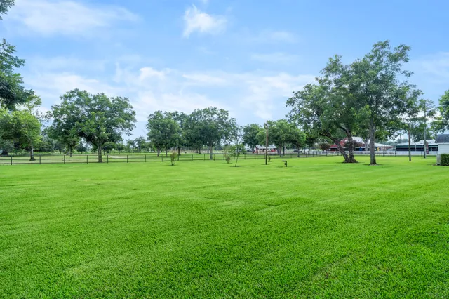 a view of grassy field with benches and trees all around