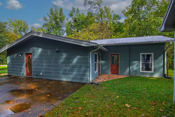 a view of a yard in front of a house with plants and large tree