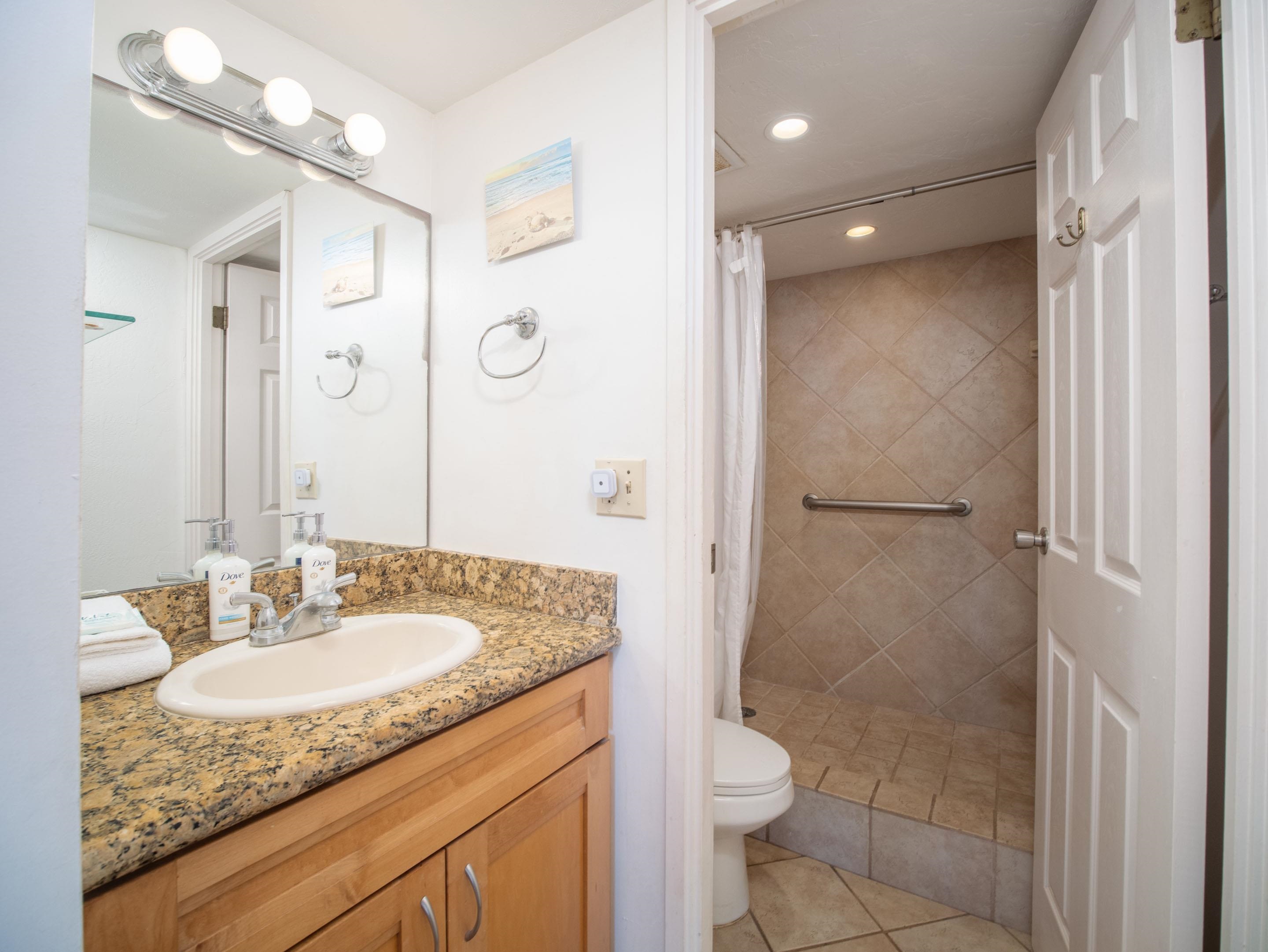 3723 Lower Honoapiilani Road, Unit 104 Lahaina, HI 96761 - Photo 12 of 45 a bathroom with a granite countertop sink toilet and shower