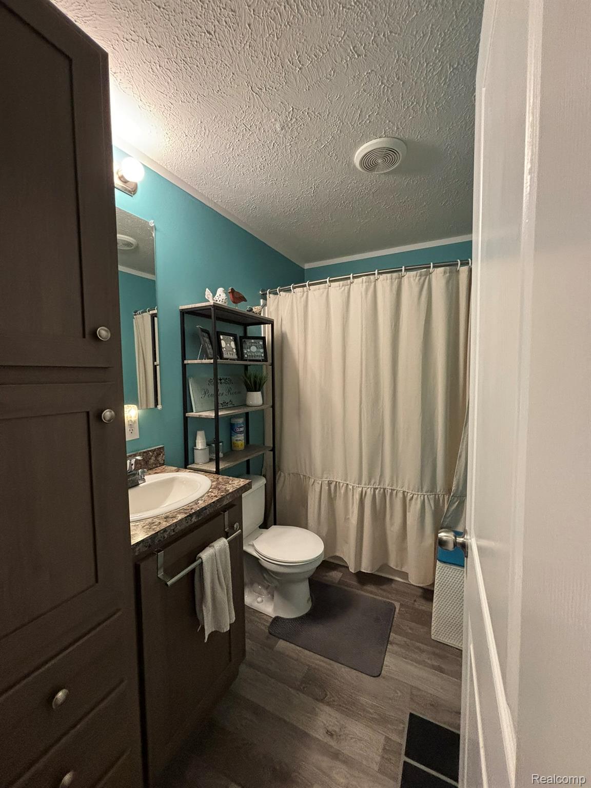 4101 South Sheridan Road Lennon, MI 48449 - Photo 14 of 20 Bathroom featuring a single vanity with a laminate countertop, dark wood-finish cabinetry, wood-finish flooring, a toilet, and a shower with a curtain rod