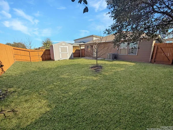 a backyard of a house with a yard and tree