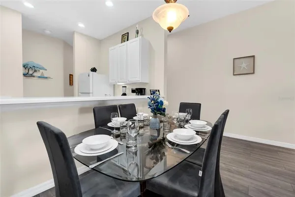 a view of a dining room with furniture
