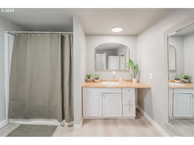 a bathroom with a sink a mirror and a shower