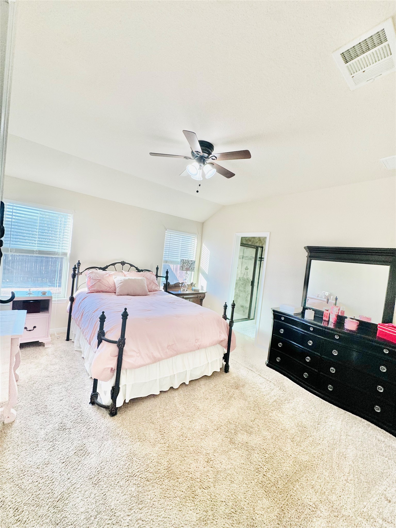 413 Gettysburg Loop Elgin, TX 78621 - Photo 24 of 32 Bedroom with carpet floors, vaulted ceiling, a ceiling fan, and multiple windows