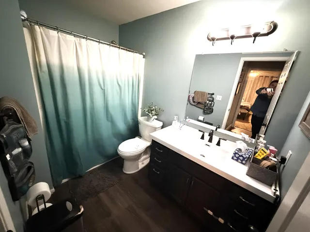 a bathroom with a sink mirror and toilet