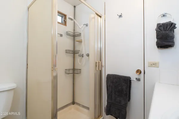 a bathroom with a shower and a toilet