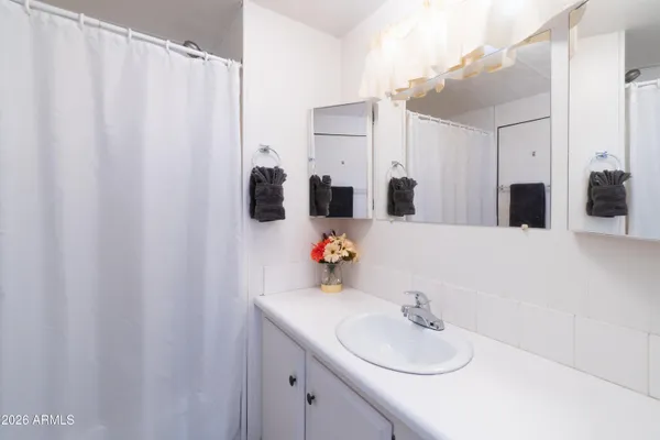 a bathroom with a sink and a mirror