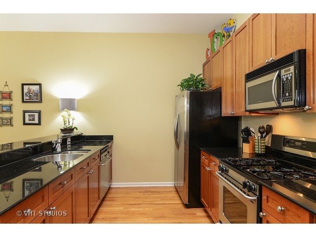 2089 West Wabansia Avenue, Unit 306 Chicago, IL 60647 - Photo 4 of 12 a kitchen with stainless steel appliances granite countertop a stove a sink and a microwave