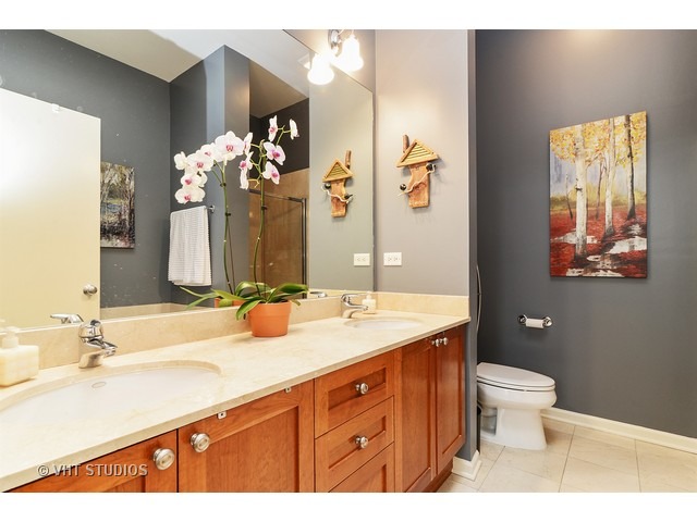 2089 West Wabansia Avenue, Unit 306 Chicago, IL 60647 - Photo 9 of 12 a bathroom with a granite countertop sink a large mirror and a toilet
