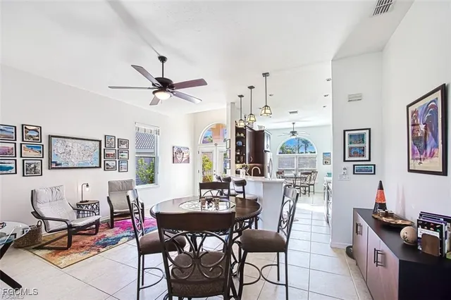 a view of a dining room with furniture