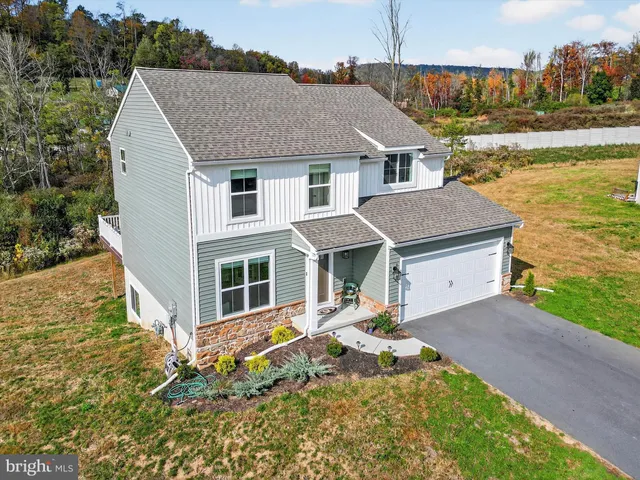 a aerial view of a house with a yard and potted plants