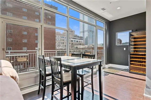 a view of a dining room with furniture