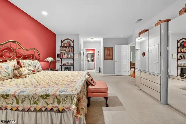 a bedroom with a large bed and a closet