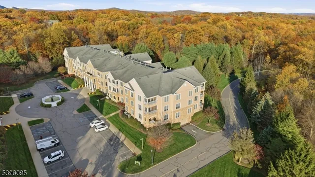 an aerial view of a house with a mountain