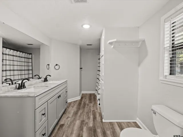 a bathroom with a double vanity sink toilet and shower