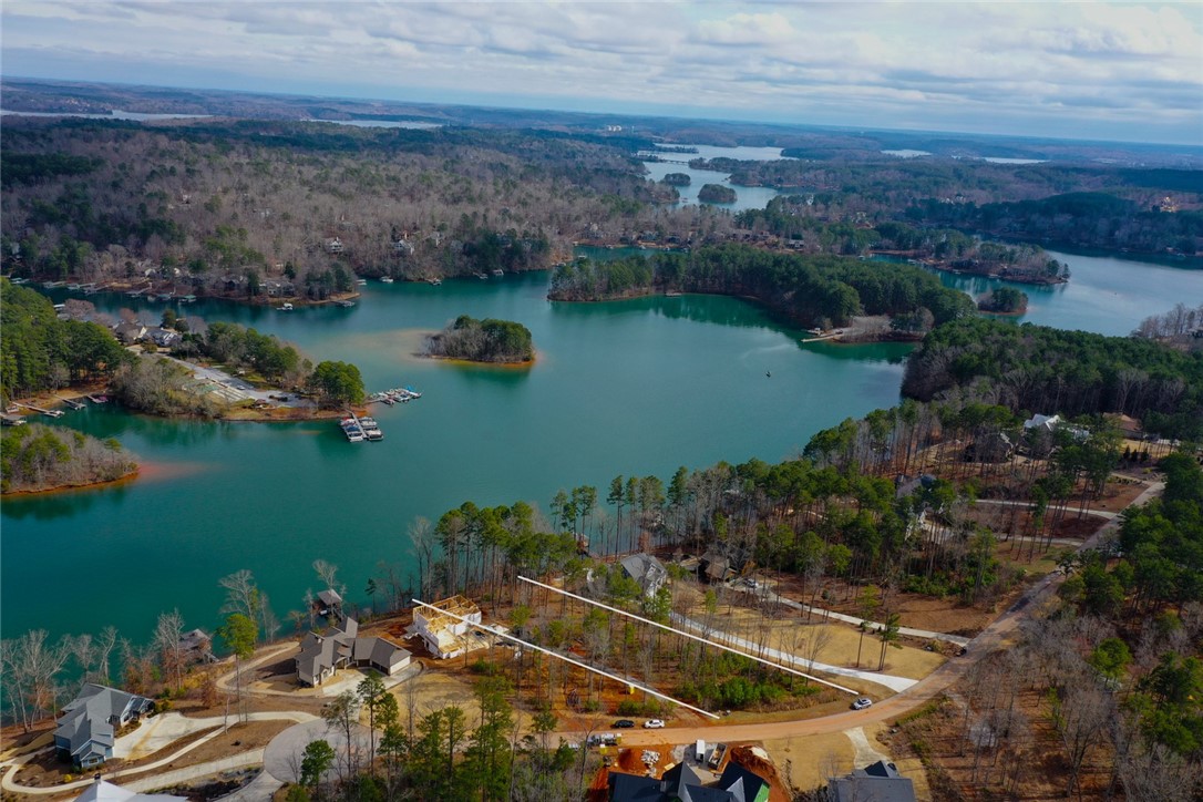 Lot 131 Harbor Point Seneca, SC 29672 - Photo 14 of 48 This aerial view showcases a vibrant lake with lush trees, offering a serene and picturesque landscape.