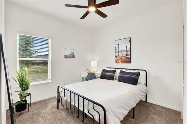 a bedroom with a large bed and a window