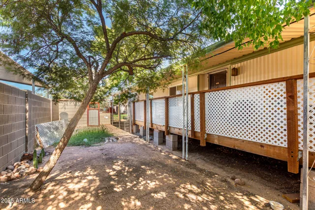a view of a backyard with large trees and wooden fence