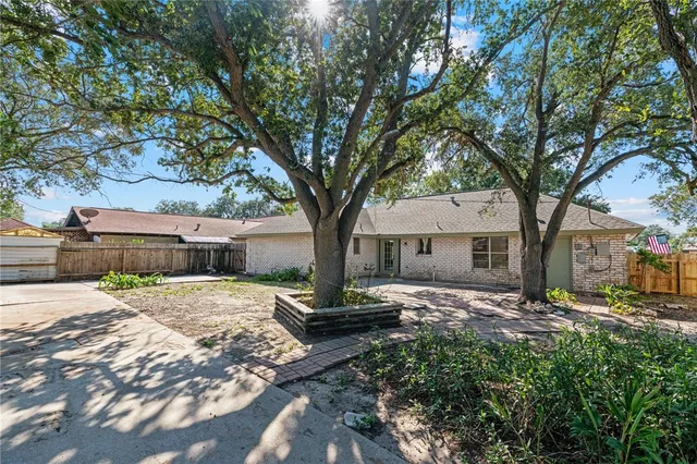 a large tree in front of a white house